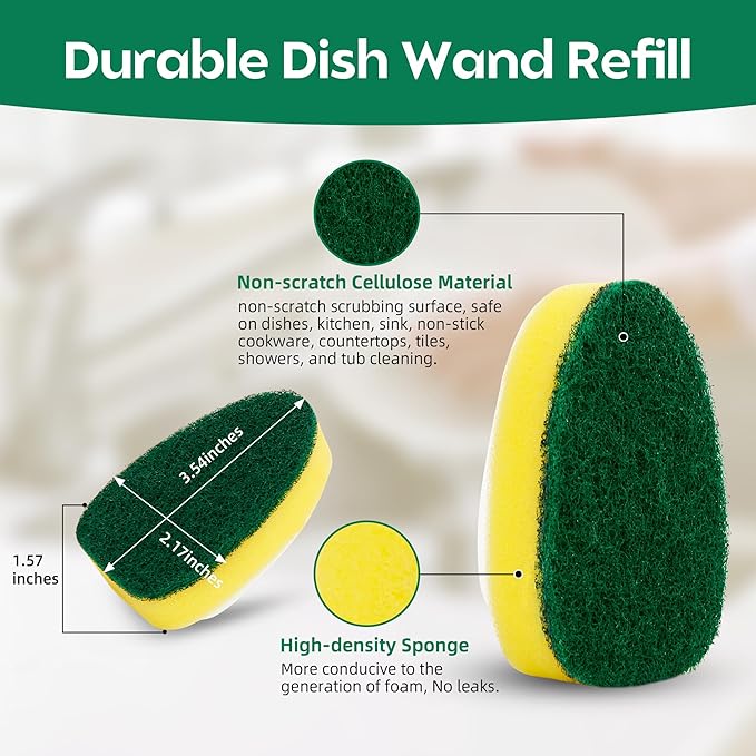 Non-Scratch Dish Wand Sponge Refills, Non-Scratch Dishwand Replacement Heads, Scratch-Free Soap Dispensing Scrubber Pads, Zero-Scratch Scrub Sponge Refills, Safe for Nonstick Cookware Kitchen Surfaces