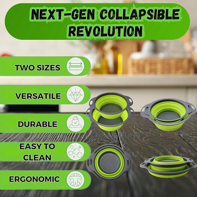Collapsible Colander Set,Premium Food Grade Silicone Folding Strainers with Handles Space Saving Colanders for Draining Pasta,Vegetables & Fruits,Ideal for Kitchen & Travel (2pc)