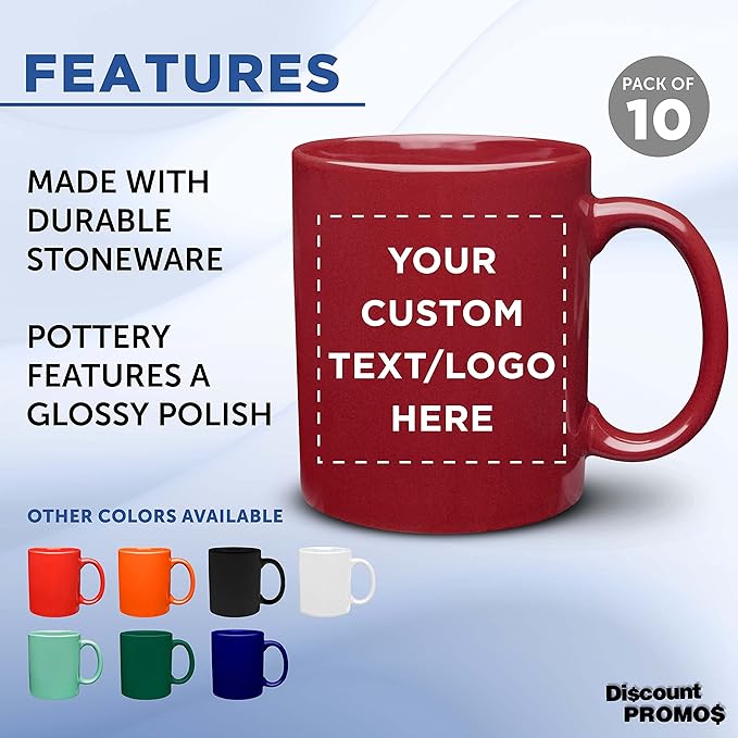 DISCOUNT PROMOS Ceramic Coffee Mugs 11 oz. Set of 10, Bulk Pack - Coffee cup set, Iced coffee cup, Gaming mug - Red