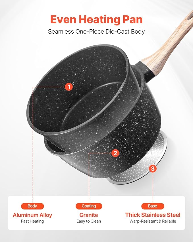 VEVOR Saucepan Set, 1.5 QT & 2.5 QT Nonstick Saucepan with Glass Lids, Multipurpose Cooking Sauce Pots with Detachable Handles, Sauce Pan Kitchen Cooking Pot with Coating, Induction Compatible, Black