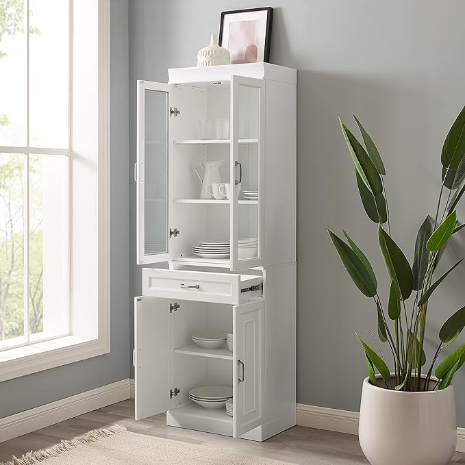 Crosley Furniture Stanton Glass Door Pantry Storage Cabinet with Shelves, Kitchen, Dining, or Laundry Room, White