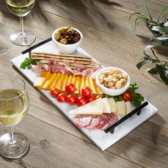 mDesign Thin Marble Pastry Board, Cutting Slab Kitchen Serving Tray with Deco Handles for Baking, Chopping, and Rolling - Serve Bread, Candy, Chocolate, Cheese, and Appetizers - Marble/Black