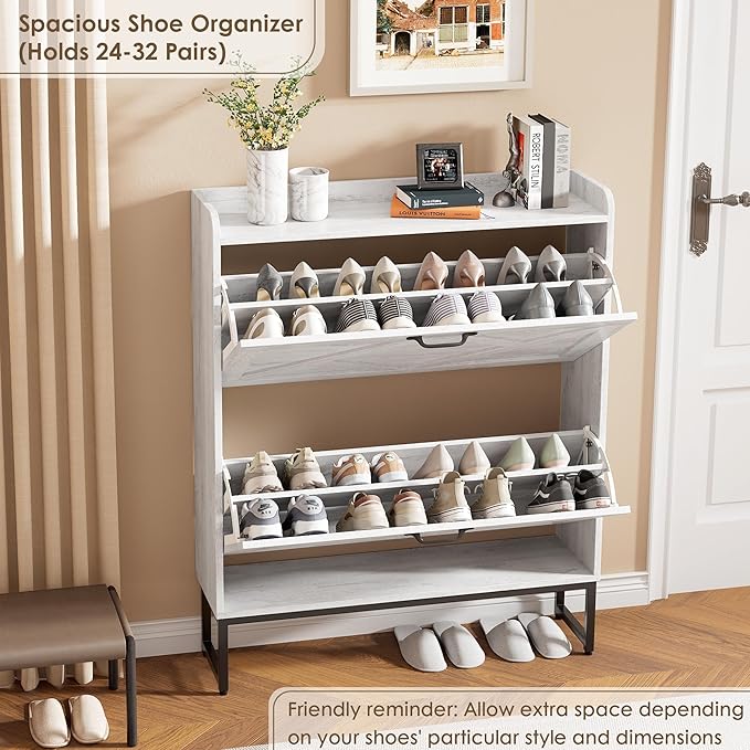Nicetree Shoe Storage Cabinet with 2 Flip Drawers, Freestanding Shoe Organizer, Shoe Cabinet with Metal Legs, Narrow Shoe Rack Cabinet, Farmhouse Slim Shoe Cabinet for Entryway, Foyer, Hallway, White