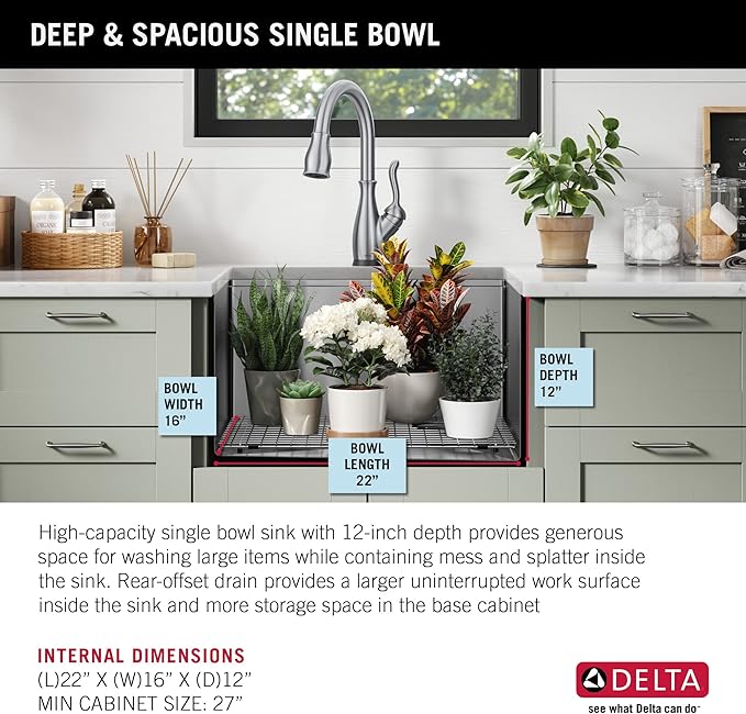 DELTA FAUCET Lorelai 24-inch Workstation Laundry Utility Kitchen Sink Undermount 16 Gauge Stainless Steel Single Bowl with WorkFlow Ledge and a Kit of 5 Accessories, 95B9132-24SL-SS