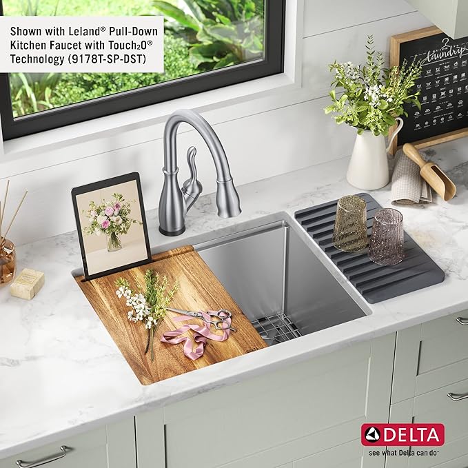 DELTA FAUCET Lorelai 24-inch Workstation Laundry Utility Kitchen Sink Undermount 16 Gauge Stainless Steel Single Bowl with WorkFlow Ledge and a Kit of 5 Accessories, 95B9132-24SL-SS
