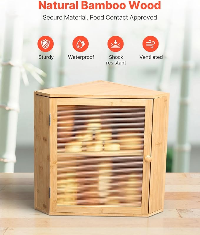 VEVOR Corner Bread Box for Kitchen Counter, Double Layer Large Capacity Bamboo Bread Storage Container, Farmhouse Wooden Breadbox for Homemade Bread, Storage Holder Bin with Acrylic Wavy Door, Natural