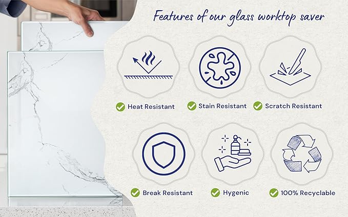 Glass Cutting Board 20”x16”: Tempered Glass Kitchen Counter Protector - Durable- Scratch-Resistant, Heat-Proof - Design 2 - White Marble Effect