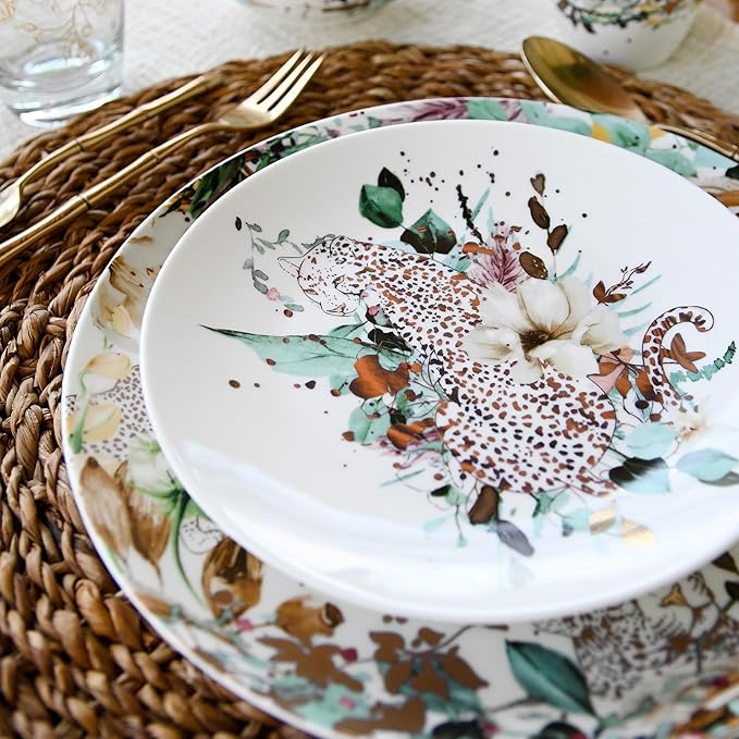 Jungle Plates and Bowls Sets Dishes Set for 4, Ceramic Plates and Bowls Set, Service for 4, Bone China Dinnerware Set Salad Dessert Plates, and Cereal Bowls Set, Microwave safe by KOKEN
