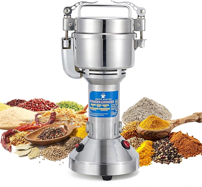 MAGIC MASTER 150g Electric Grain Mill Grinder - 800W High Speed Commercial Spice Grinder - Stainless Steel Dry Machine for Flour, Wheat, Nut, Corn, Rice, Pepper, Herbs, Coffee Beans - Upright, 110V