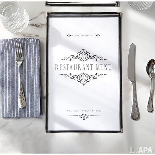 Ilyapa 30 Pack of Menu Covers 8.5 x 14 Inch Paper - Single Page, 2 View, Double Stitched Sleeves 8.5 x 14 Inches, Two Clear Viewing Surfaces