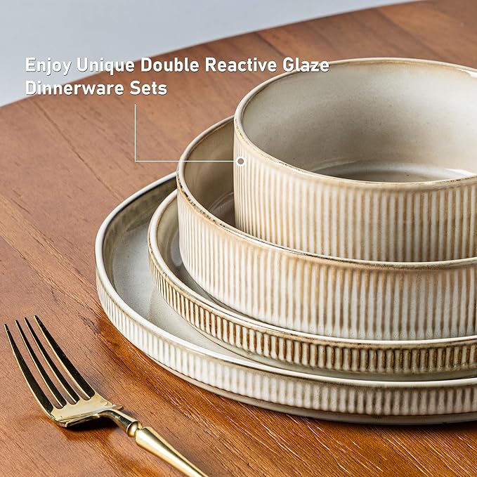 GBHOME Stoneware Dinnerware Sets for 4,Round Reactive Glaze Ceramic Plates and Bowls Set,Highly Scratch Resistant | Dishwasher & Microwave Safe Dishes Set,Service for 4(12Pcs)，Cappuccino