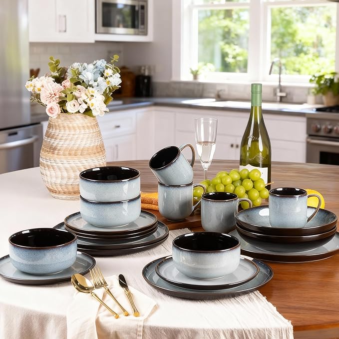 LERATIO Ceramic Dinnerware Sets for 4,16-PieceReactive Glaze Plates and Bowls Set with Mugs,Highly Chip and Crack Resistant | Dishwasher,Microwave & Oven Safe Dishes set-Gray White