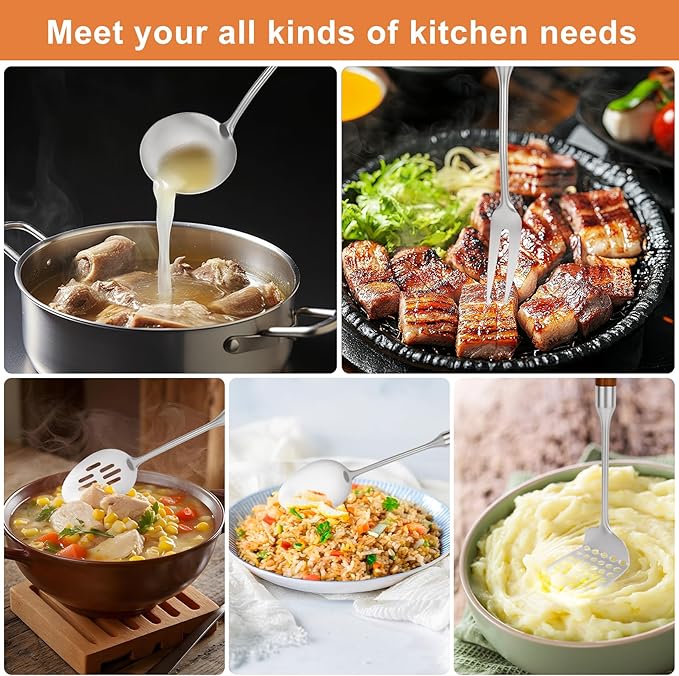 Stainless Steel Kitchen Utensils Set with Wood Handle,10PCS Metal Cooking Utensils Set, Stainless Steel Cooking Utensils Sets Heat Resistant Wok Tools(12-15in)