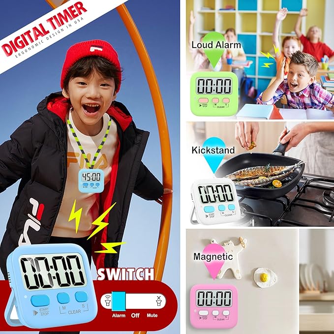 Antonki 2 Pack Digital Timer for Kids, Magnetic Countdown Kitchen Timers for Cooking, Egg, Classroom, Teacher, Exercise, Study, Oven - Battery Included