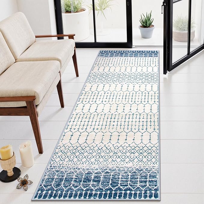 Lahome Runner Rug 2x8 Hallway Rug Runner- Washable Non-Slip Kitchen Carpet Untra- Thin Throw Blue Mat, Moroccan Geometric Print Indoor Floor Mat for Entryway Laundry Bedroom