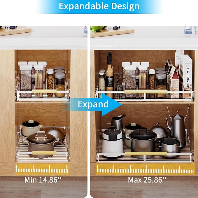 Expandable Pull Out Drawer Cabinet Organizer, Adjustable Width Bottom-Mounted Slide Out Storage Shelves for Cabinets, Required Cabinet Size (14.86"~25.86", D≥22.5"), 1 Pack