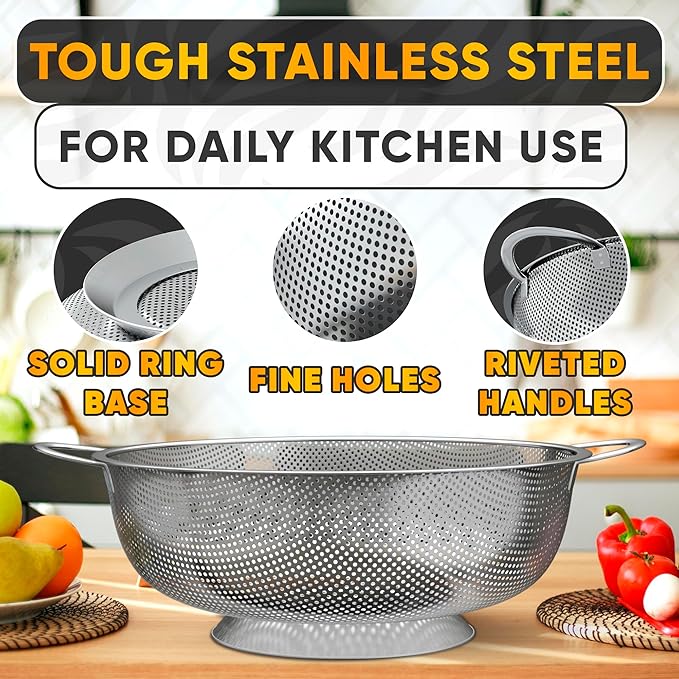 Stainless Steel Colander for Kitchen - 5Qt Rice Strainer With Handles, Perforated Design, Dishwasher Safe, Rust-Resistant - Versatile Stainless Steel Strainer for Grains, Spaghetti, Veggies & Fruits