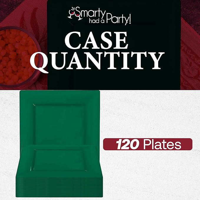 Smarty Had A Party Disposable Plastic Dinnerware, 6.5" Heavy Duty Square Hunter Green Plates for Cakes and Parties, Bulk Supplies for All Occasions (120 Count)