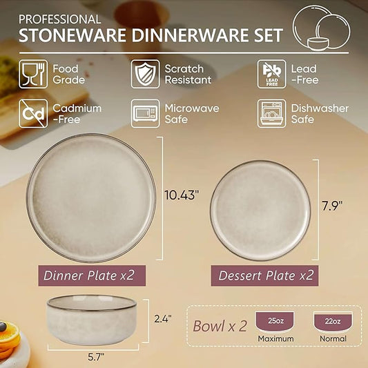 Herogo Stoneware Plates and Bowls Sets for 2, 6 Pieces Modern Round Dinnerware, Reactive Glaze Dishes Set for Kitchen, Chip Resistant, Microwave & Dishwasher Safe, Cream Khaki