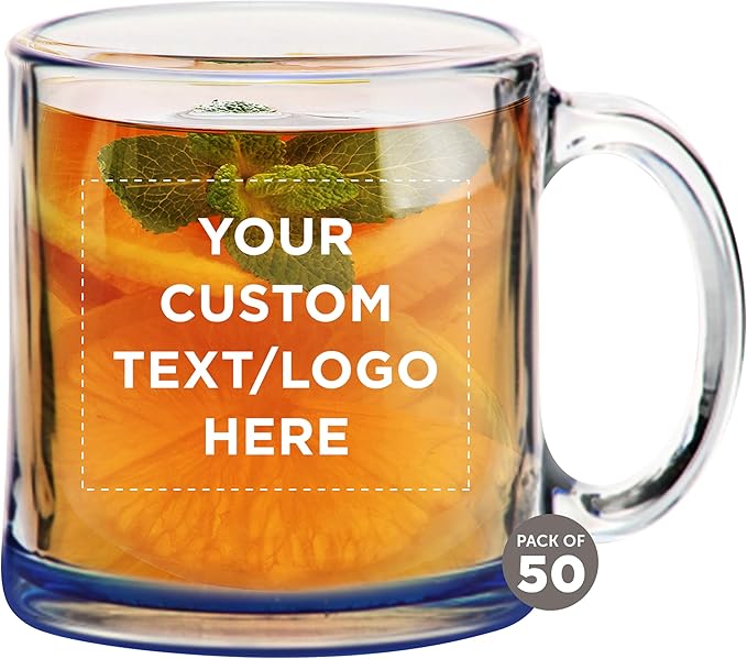 Custom Libbey Clear Glass Coffee Mugs 13 oz. Set of 50, Personalized Bulk Pack - Perfect for Coffee, Tea, Espresso, Hot Cocoa, Other Beverages - Blue Bottom