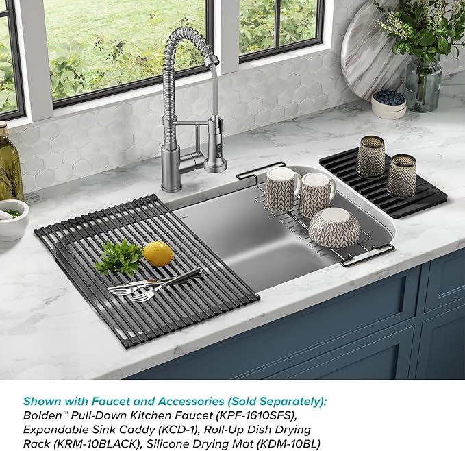 KRAUS Premier 32-inch Undermount Single Bowl 18-Gauge Stainless Steel Kitchen Sink with Bottom Grid and Strainer, KBU44