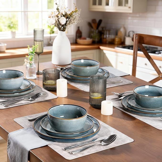 GBHOME Ceramic Dinnerware Sets for 4, 12 Pieces Stoneware Plates and Bowls Sets, Reactive Glaze Dishes -Scratch Resistant, Dishwasher&Microwave Safe, Space Blue