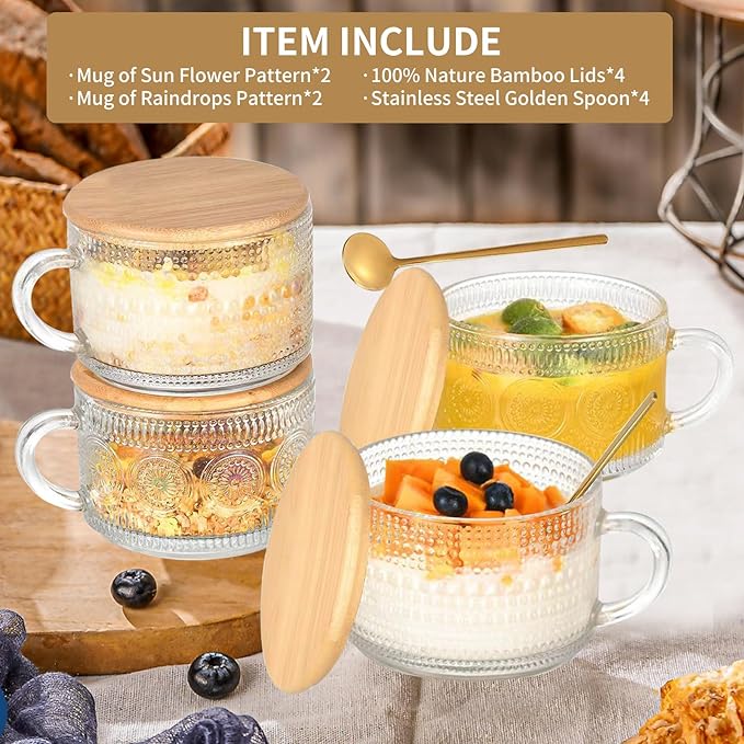 4pcs Vintage Glass Coffee Mugs Cups, Overnight Oats Containers Glass Cups Mugs with Bamboo Lids and Spoons - 14oz Clear Embossed Glass Cups, Cute Iced Coffee Glasses Gifts for women.