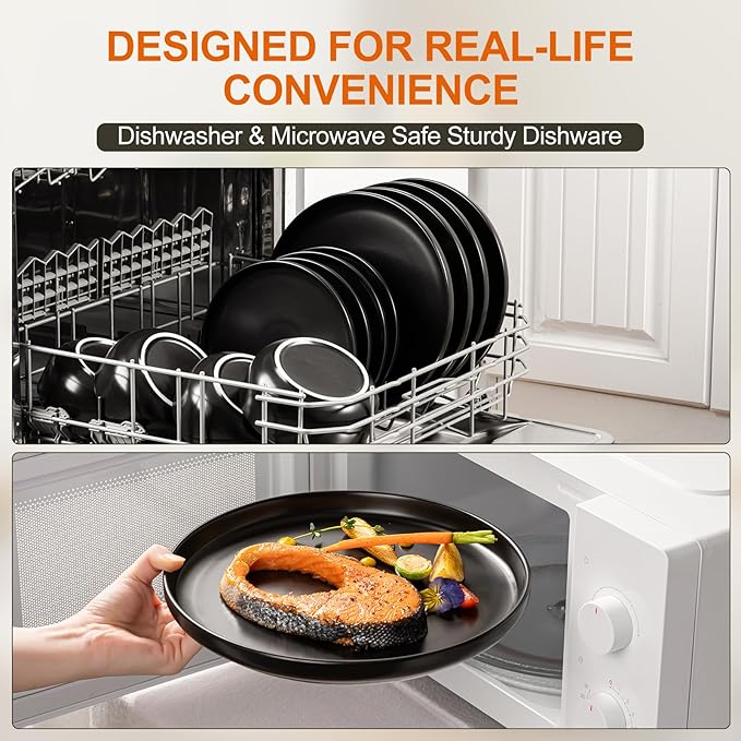 EWFEN Plates and Bowls Sets, Dinnerware Sets for 8, 24 Pieces Scratch Resistant Dishware Dishes Set, Ceramic Kitchen Dinner Set, Porcelain & Microwave and Dishwasher Safe, Black