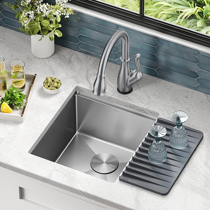 DELTA FAUCET Lorelai 17-inch Workstation Bar Prep Kitchen Sink Undermount 16 Gauge Stainless Steel Single Bowl with WorkFlow Ledge and Kit of 5 Accessories, 95B9032-17S-SS