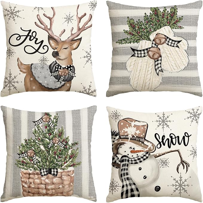 AVOIN colorlife Christmas Snowman Reindeer Gloves Eucalyptus Throw Pillow Covers, 20 x 20 Inch Winter Holiday Stripes Cushion Case Decoration for Sofa Couch Set of 4