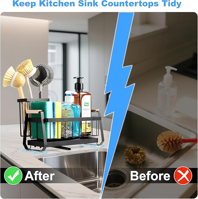 Kitchen Sink Organizer with Dish Brush Holder and Soap Sponge Holder, Stainless Steel Sink Caddy with Suction Cup, Non-Slip Dish Soap Organizer for Kitchen Countertop Storage Essentials