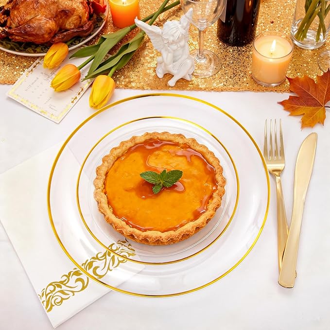 NOCCUR 350PCS Clear and Gold Plastic Plates - Gold Disposable Plastic Dinnerware Set for 50 Guests Include 100 Plastic Plates, 150 Gold Cutlery, 50 Cups&50 Napkins Idea for Party/Christmas