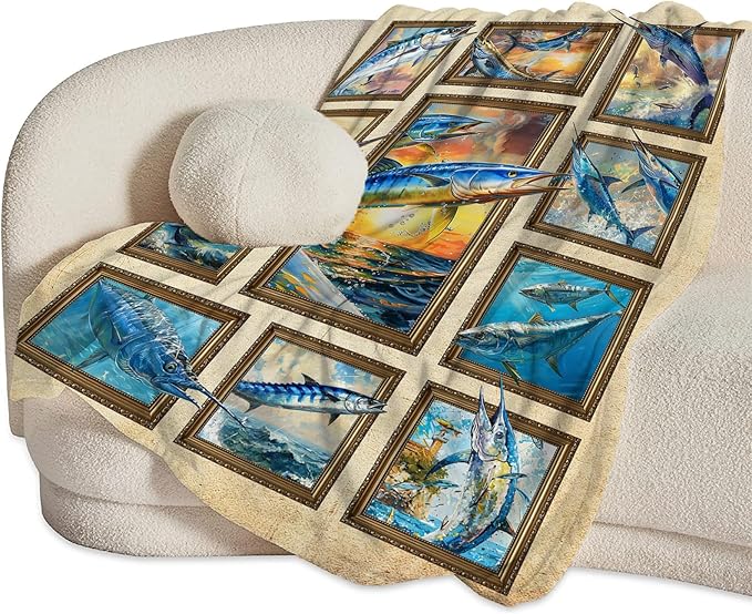 Fishing Blanket Fish Throw Blanket Cozy Plush Fleece Flannel Fishing Lover Gifts Blankets for Girls Boys Women Men 80"X60"