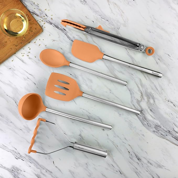 Tovolo Silicone Cooking Utensil Set of 6 Apricot Orange Ladle Slotted Turner Tongs Flex Core Spatula Scraper Mixing Spoon Potato Masher, Dishwasher Safe Non Toxic BPA Free Silicone Kitchen Utensils