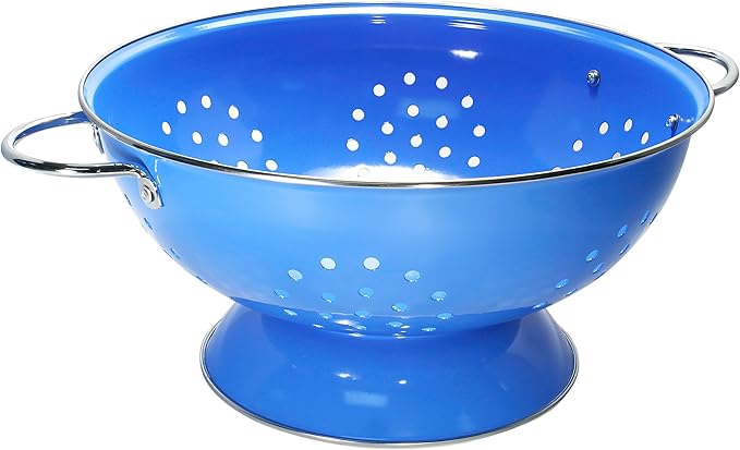 Reston Lloyd Calypso Basics Extra Large Enameled Colander with Solid Base, Strainer Basket with Handles, for Pasta, Berries, Vegetables, Fruit, 7 Quart, 224oz/ 6.6 L ), Azure