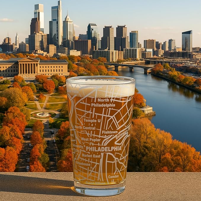 Greenline Goods – Philadelphia, PA Map Pint Beer Glasses (Set of 2), 16 oz – Etched Wrap Design