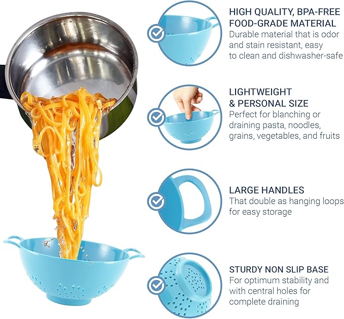 Meadow Lane 6-inch Small Colander, BPA-Free, Dishwasher Safe, Double Handles, Compact Food Strainer for Berries, Veggies and Pasta, 3-Cup Capacity, Red and Blue, 2-Pack