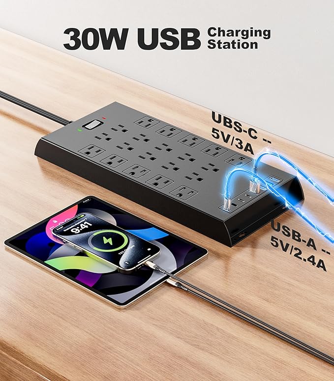 Surge Protector Power Strip 4800J, LeZone 10Ft Long Extension Cord Flat Plug, 20 Outlets 4 USB-A 4 USB-C Ports, Wall Mountable, Home Office Dorm Essentials, Black