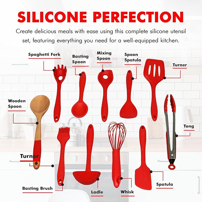 Chef Craft Premium Silicone Kitchen Tool and Utensil Set, 11 Piece Set, Red