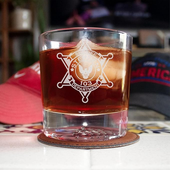 Personalized Whiskey Glass with Sheriff Badge for Law Enforcement, Custom Name and Number, 12oz Engraved American Flag Glassware, Custom Sheriff Gift For Men Dad Father's Day PD Police Officer