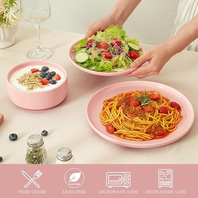 8-Inch Plates Set of 4, Dual Glaze Stoneware Plate, Microwave and Dishwasher Safe, Ceramic Plates for Salads & Desserts, Pink