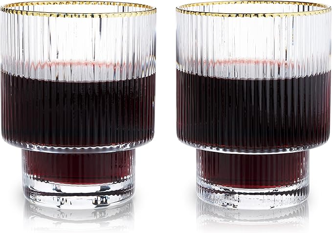 Viski Meridian Lowball Glasses Set of 2 - Premium Crystal Clear Vintage Drinking Tumblers for Whiskey, Scotch & Bourbon in Art Deco Ripple Glassware Design, Gold Rimmed Glassware Gift Set, 12 oz