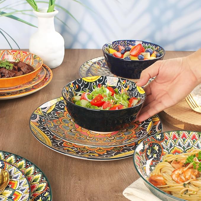 Mandala Dinnerware Sets (16 PCS) Serves for 4, Porcelain Dishes Set, Microwave and Dishwasher Safe, Scratch Resistant, Bohemian Style Dining Ware Service for 4, Colorful No.1
