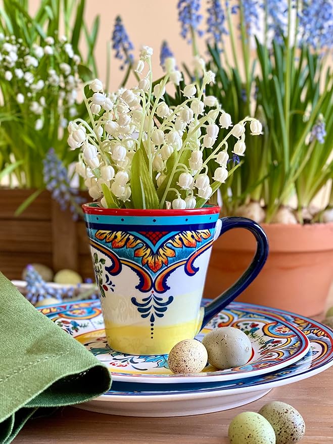 Euro Ceramica Zanzibar Collection 16 Piece Dinnerware Set Kitchen and Dining, Service for 4, Spanish Floral Design, Multicolor, Blue and Yellow
