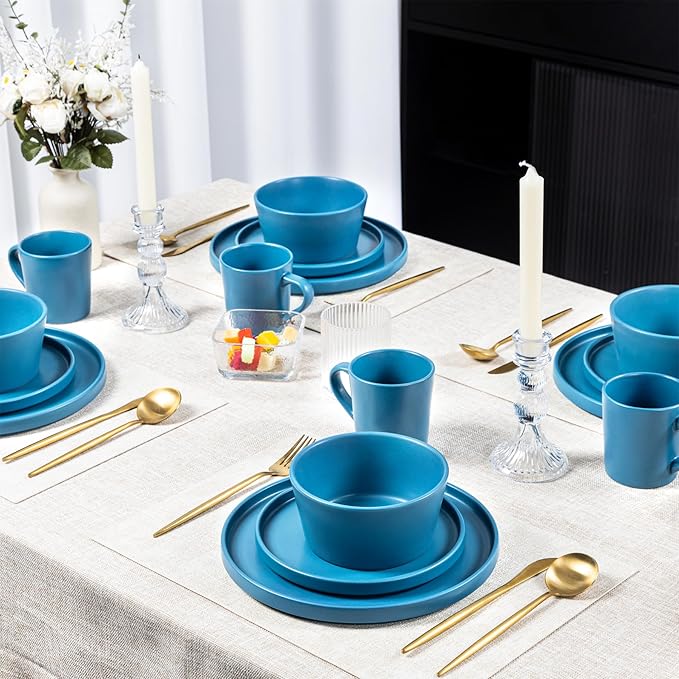 Plates and Bowls Sets for 4 - CJDC-QUELO 16 Piece Stoneware Dinnerware Sets with Mugs, Ceramic Dishware Sets for Kitchen Dining Use, Chip and Scratch Resistant Microwave Dishwasher Safe, Blue