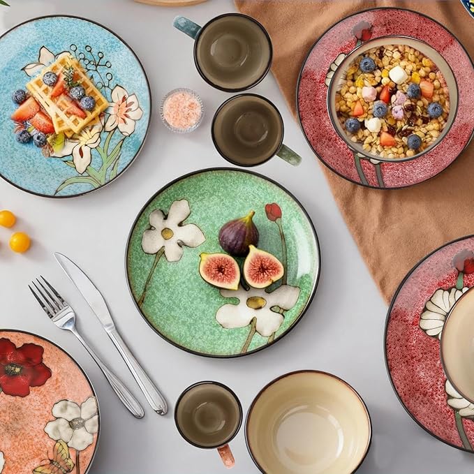 Stoneware 16-Piece Modern Dinnerware Set,Kitchen Plates Bowls and Mug Sets Serves 4,Dishwasher and Microwave Safe,4 colors (Service for 4(16Pcs))