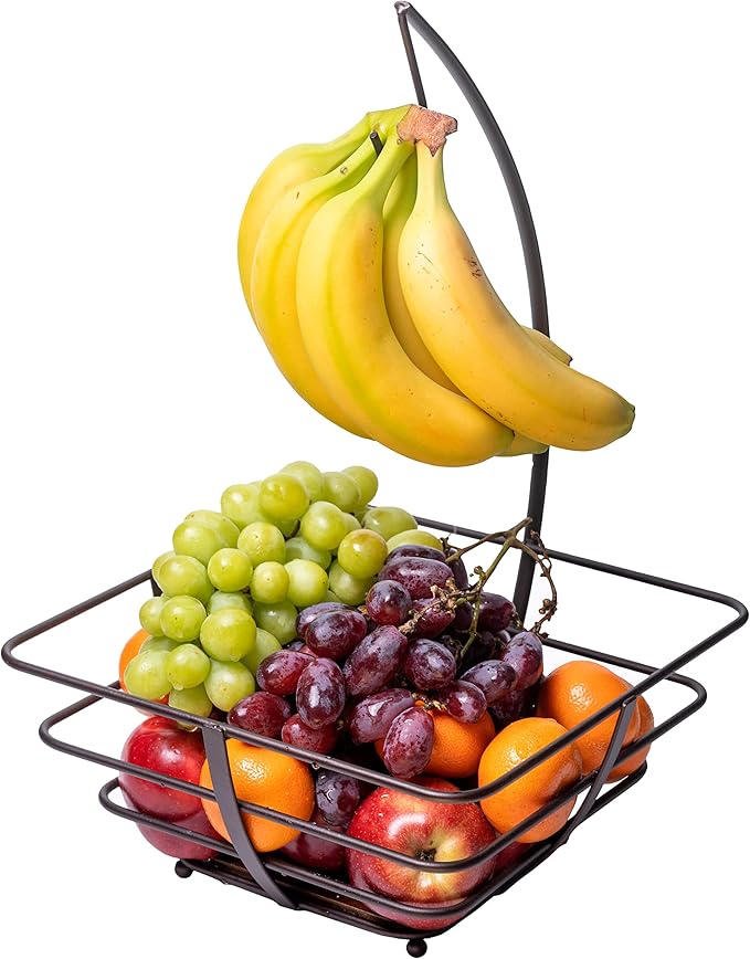 Francois et Mimi Large-Sized Fruit Bowl Tree Basket with Banana Hanger, Wood Base (Bronze)