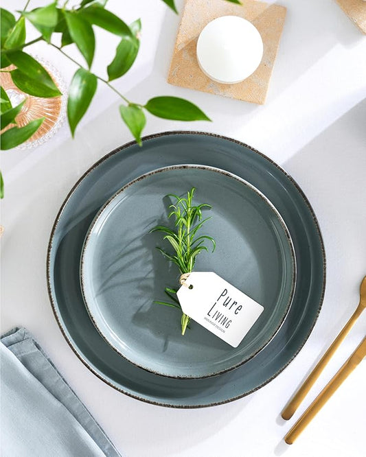 Stoneware dinnerware set 4 persons Rustic 12 pcs - Rustic design dinnerware set, dishwasher safe - Bowl and plate set - Pure Living dinnerware in smoky blue…