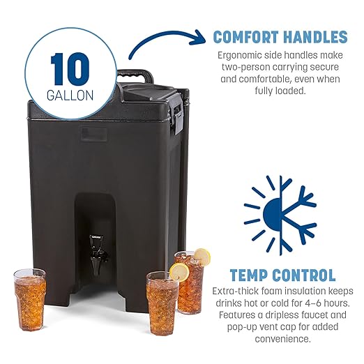 Carlisle FoodService Products Cateraide Insulated Beverage Dispenser with Handles for Catering, Kitchen, and Restaurants, Plastic, 10 Gallons, Black