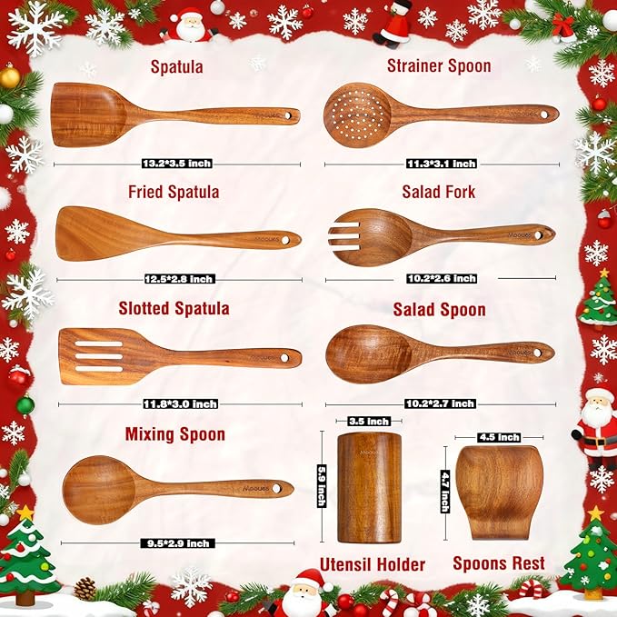 Wooden Spoons for Cooking, Wooden Utensils for Cooking Natural Teak Wooden Kitchen Utensils Set Comfort Grip(9 PCS Xmas Gift)